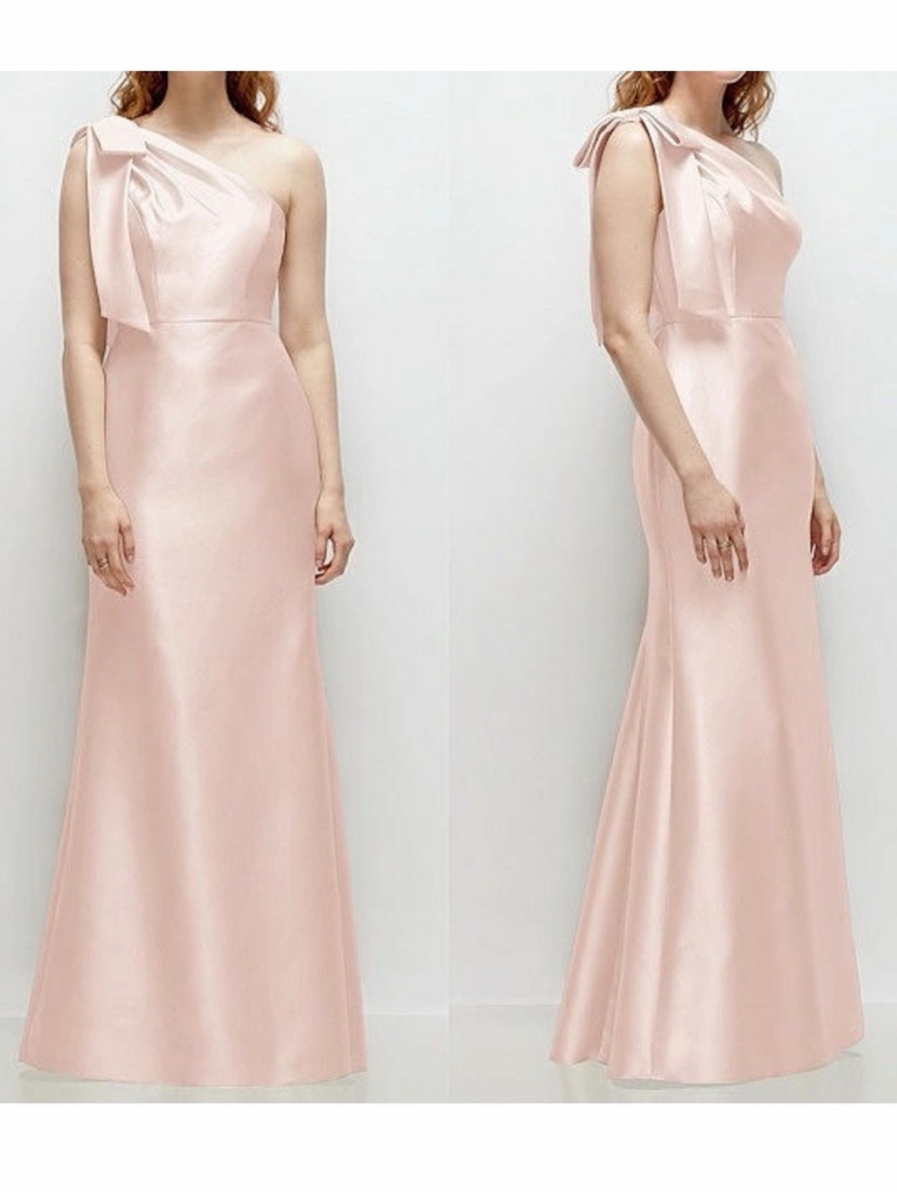 ALFRED SUNG One-Shoulder Satin Gown in Pale Pink with Shoulder Bow